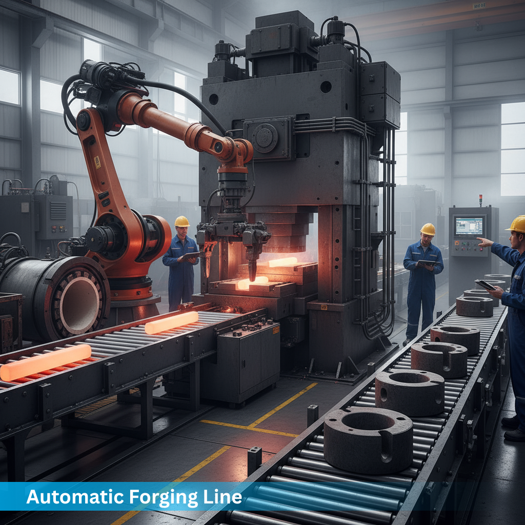 Automatic Forging Line (1) High-resolution 1980x1080 image of a modern closed die forging production line inside a spacious industrial factory. Include an advanced forging robot handling hot metal, electric screw press in operation, glowing red-hot billets, conveyor system, engineers monitoring the line with tablets, and bright industrial lighting. Show precise, automated, and futuristic forging process with realistic details, metallic textures, and dynamic workflow